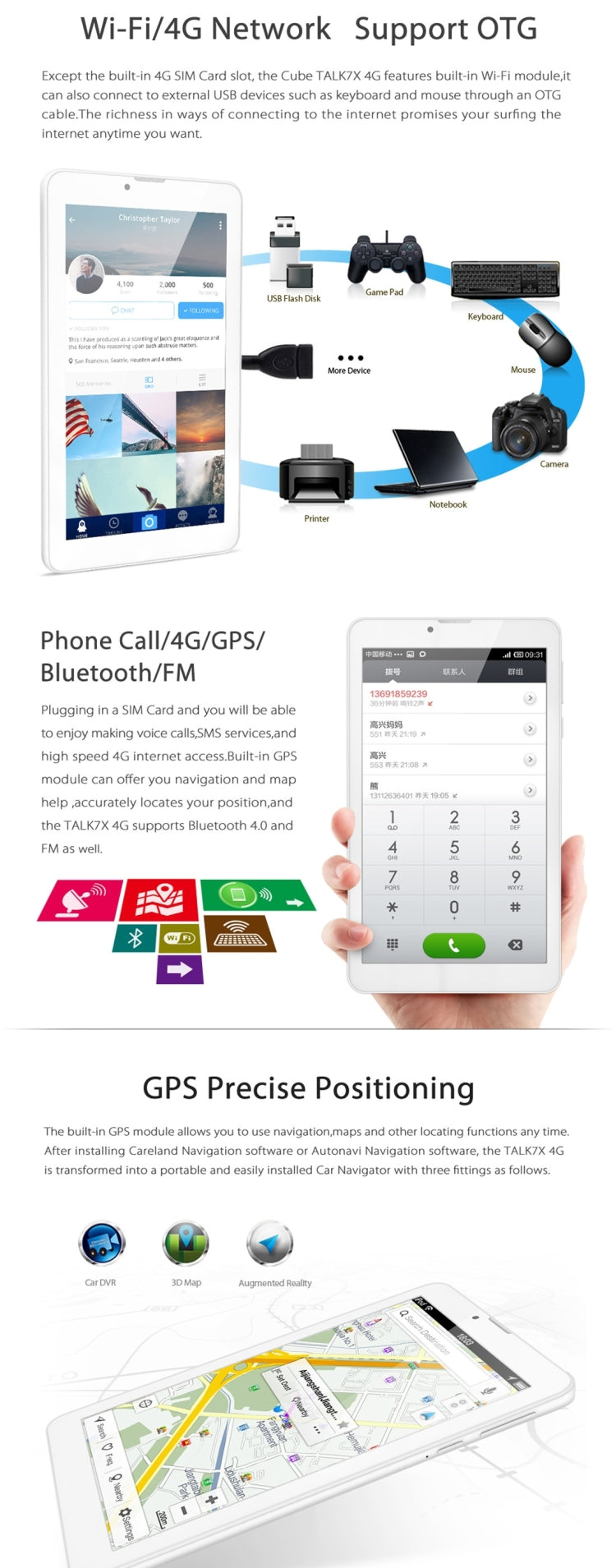 Cube Talk7X Tablet PC 16GB, 7.0 inch 4G Phone Call Android 5.1, CPU: MTK8735M Quad Core 64-bit, RAM: 1GB