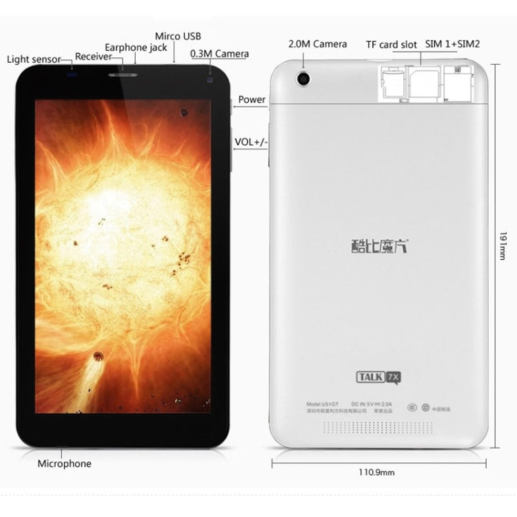 Cube Talk7XS / U51GTS Tablet PC, 7 inch Android 4.2.2, MTK8312 Dual-core 1.3GHz, Dual SIM, Support 3G Call / GPS(White)
