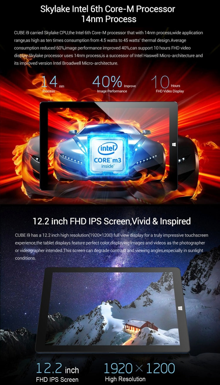 CUBE i9 Tablet, ROM: 128GB, 12.2 inch Windows 10 Intel Core M3-6Y30 1.51-2.2GHz, RAM: 4GB