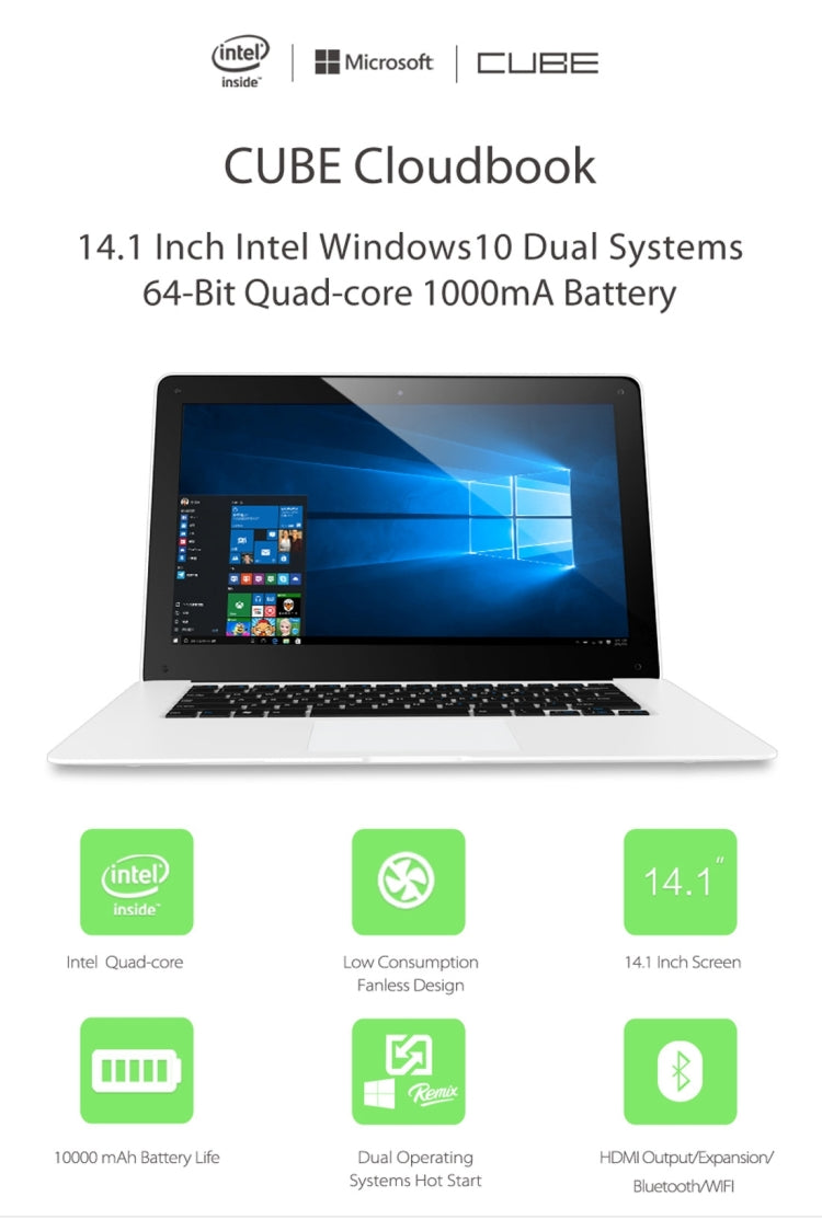 CUBE U1 Cloudbook Windows10&Remix NetBook PC 32GB, 14.1 inch, Intel Baytrail-CR Z3735F Quad-core 1.44-1.8GHz, RAM: 2GB(White)