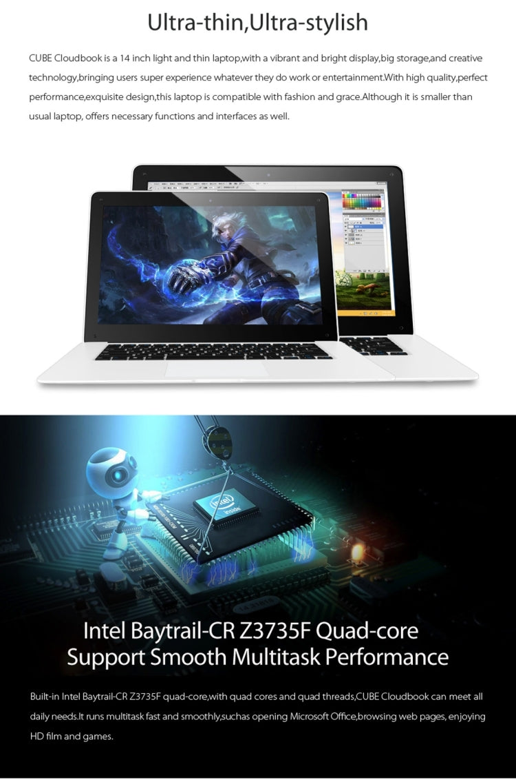 CUBE U1 Cloudbook Windows10&Remix NetBook PC 32GB, 14.1 inch, Intel Baytrail-CR Z3735F Quad-core 1.44-1.8GHz, RAM: 2GB(White)