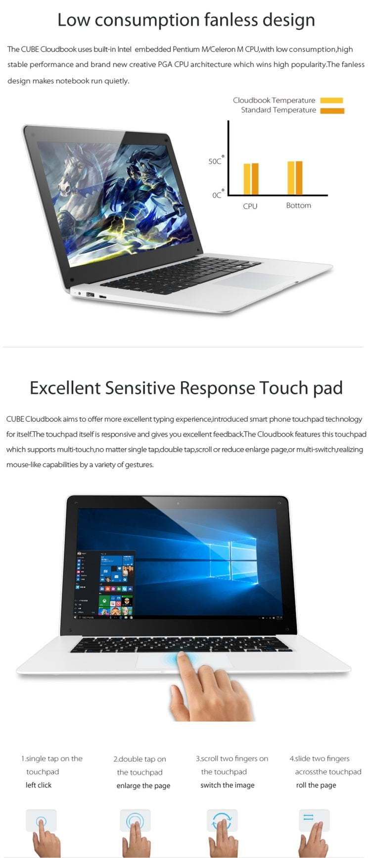 CUBE U1 Cloudbook Windows10&Remix NetBook PC 32GB, 14.1 inch, Intel Baytrail-CR Z3735F Quad-core 1.44-1.8GHz, RAM: 2GB(White)