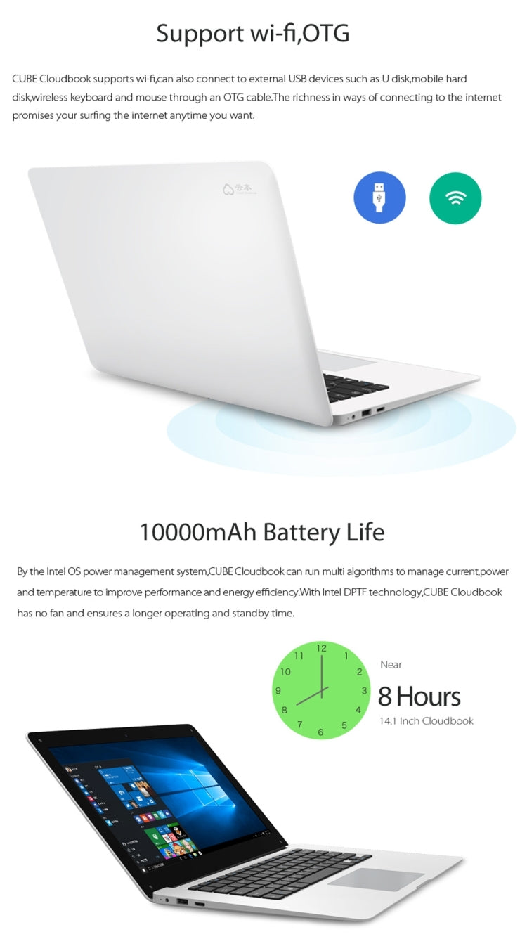 CUBE U1 Cloudbook Windows10&Remix NetBook PC 32GB, 14.1 inch, Intel Baytrail-CR Z3735F Quad-core 1.44-1.8GHz, RAM: 2GB(White)