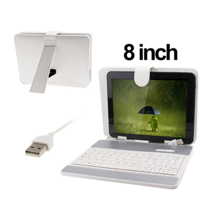 8 inch Universal Tablet PC Leather Tablet Case with USB Plastic Keyboard / Holder(White)