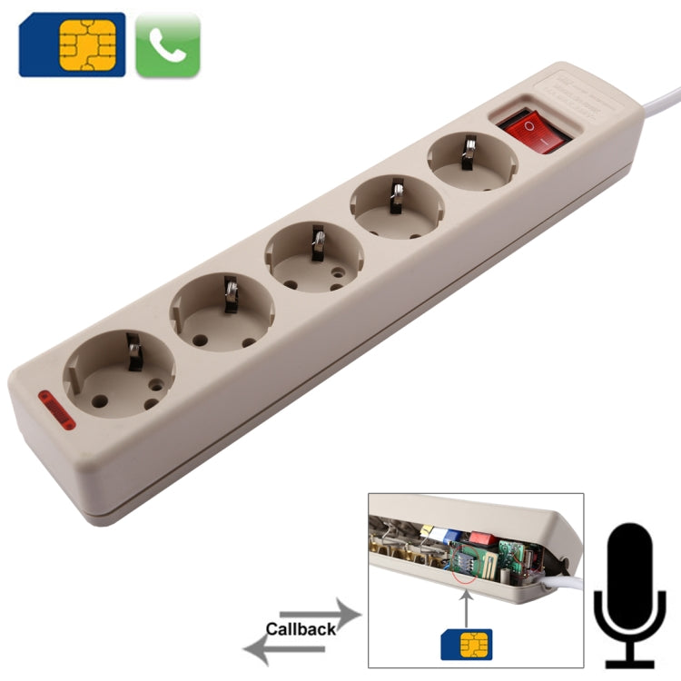 5 Way Universal Interface Power Extension Socket Style Audio Monitor with Automatic Callback, SIM Card Network: 850 / 900 / 1800 / 900MHz, EU Plug(White)