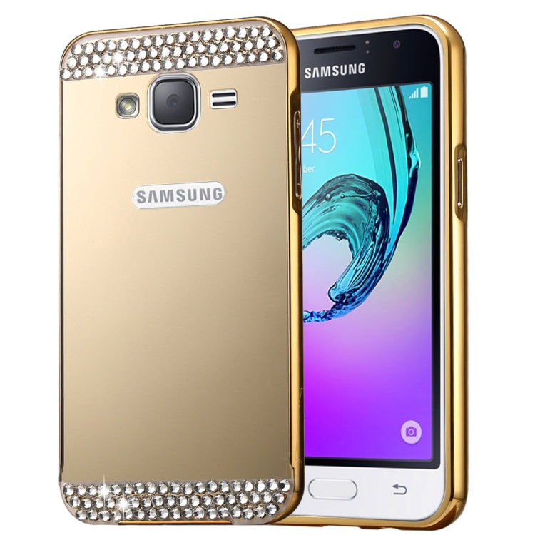 For Galaxy J1 (2016) / J120 Fashionable Diamond Encrusted Electroplating PC Push Pull Back Shell Cover + Metal Bumper Frame