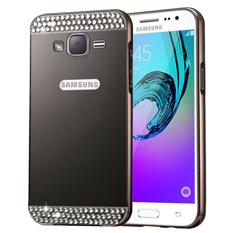 For Galaxy J2 (2016) / J200F / J200G Fashionable Diamond Encrusted Electroplating PC Push Pull Back Shell Cover + Metal Bumper Frame