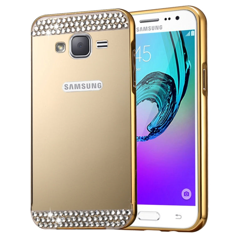 For Galaxy J2 (2016) / J200F / J200G Fashionable Diamond Encrusted Electroplating PC Push Pull Back Shell Cover + Metal Bumper Frame