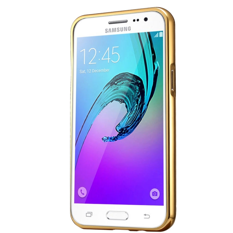 For Galaxy J2 (2016) / J200F / J200G Fashionable Diamond Encrusted Electroplating PC Push Pull Back Shell Cover + Metal Bumper Frame