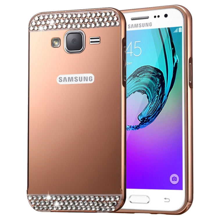 For Galaxy J2 (2016) / J200F / J200G Fashionable Diamond Encrusted Electroplating PC Push Pull Back Shell Cover + Metal Bumper Frame
