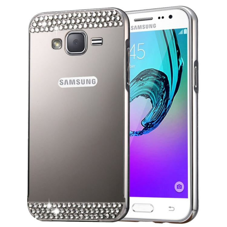For Galaxy J2 (2016) / J200F / J200G Fashionable Diamond Encrusted Electroplating PC Push Pull Back Shell Cover + Metal Bumper Frame