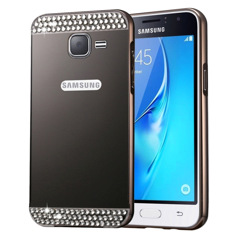 For Galaxy J1 Mini / J105 Fashionable Diamond Encrusted Electroplating PC Push Pull Back Shell Cover + Metal Bumper Frame