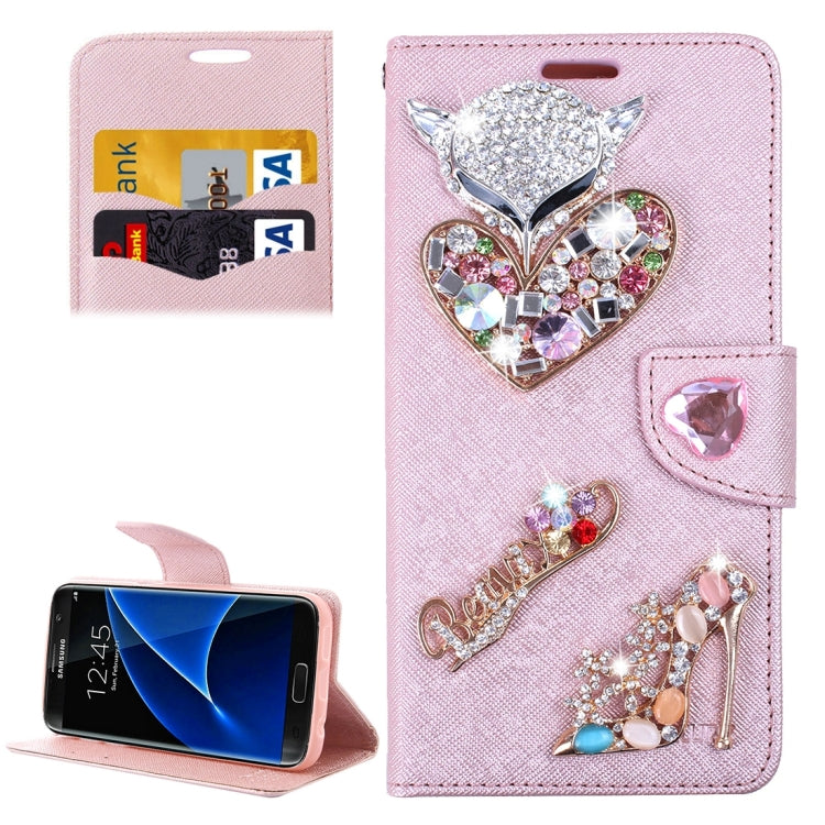 For Galaxy S7 Edge / G935 Diamond Encrusted Fairy Fox Hearts and Crystal Shoes Pattern Cross Texture Horizontal Flip Leather Case with Magnetic Buckle & Holder & Card Slots & Wallet