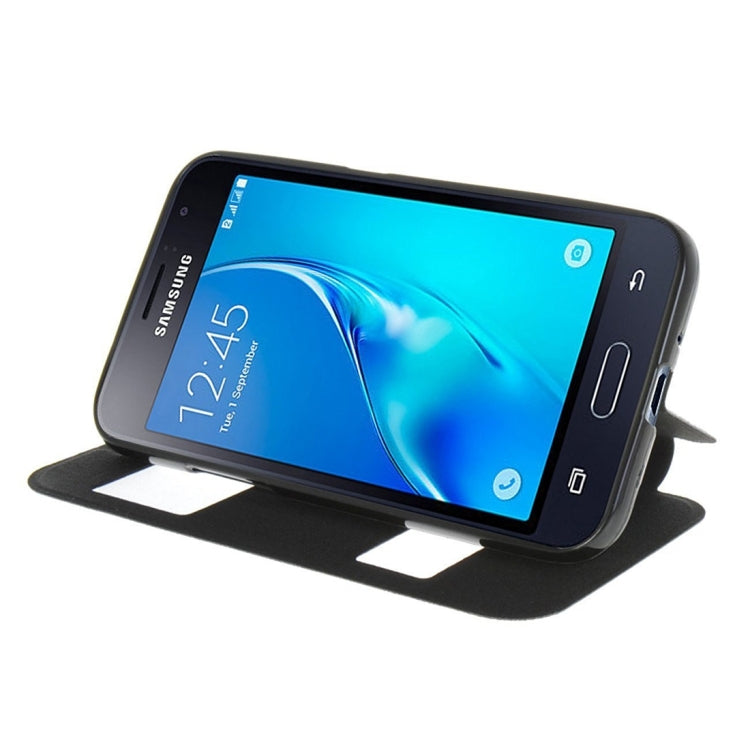 For Galaxy J1 (2016) / J120 Oracle Texture Horizontal Flip TPU + PU Leather Case with Caller ID Window & Holder