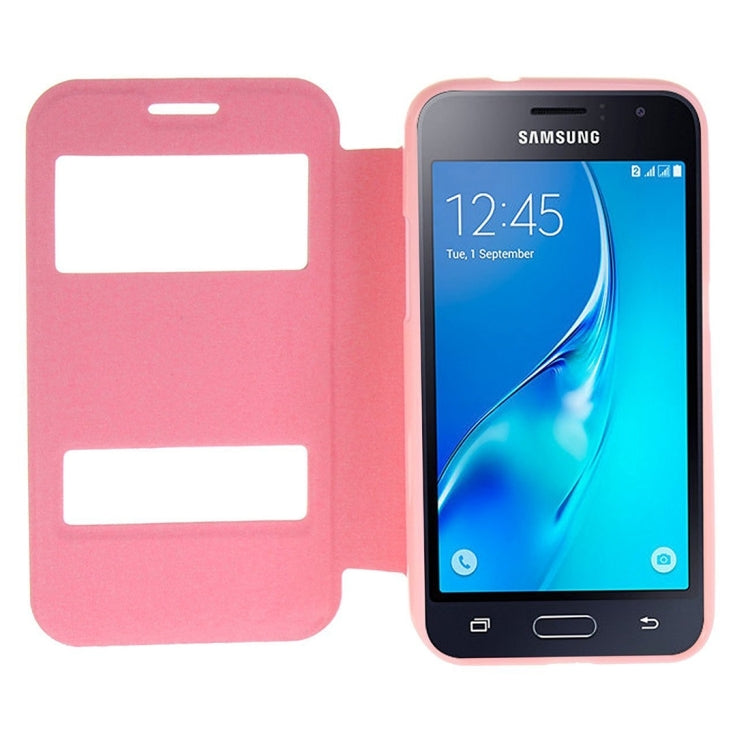 For Galaxy J1 (2016) / J120 Oracle Texture Horizontal Flip TPU + PU Leather Case with Caller ID Window & Holder