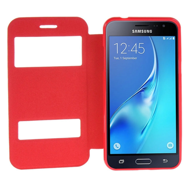 For Galaxy J3 (2016) / J310 Oracle Texture Horizontal Flip TPU + PU Leather Case with Caller ID Window & Holder