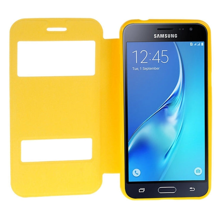 For Galaxy J3 (2016) / J310 Oracle Texture Horizontal Flip TPU + PU Leather Case with Caller ID Window & Holder