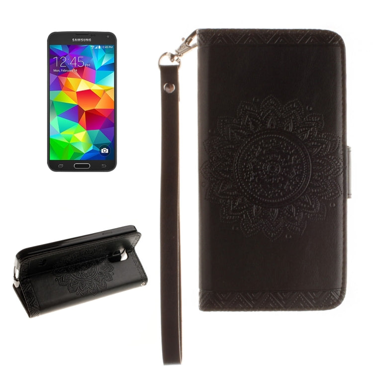 For Galaxy S5 / G900 Embossed Floral Pattern Horizontal Flip Leather Case with Card Slots & Holder & Lanyard