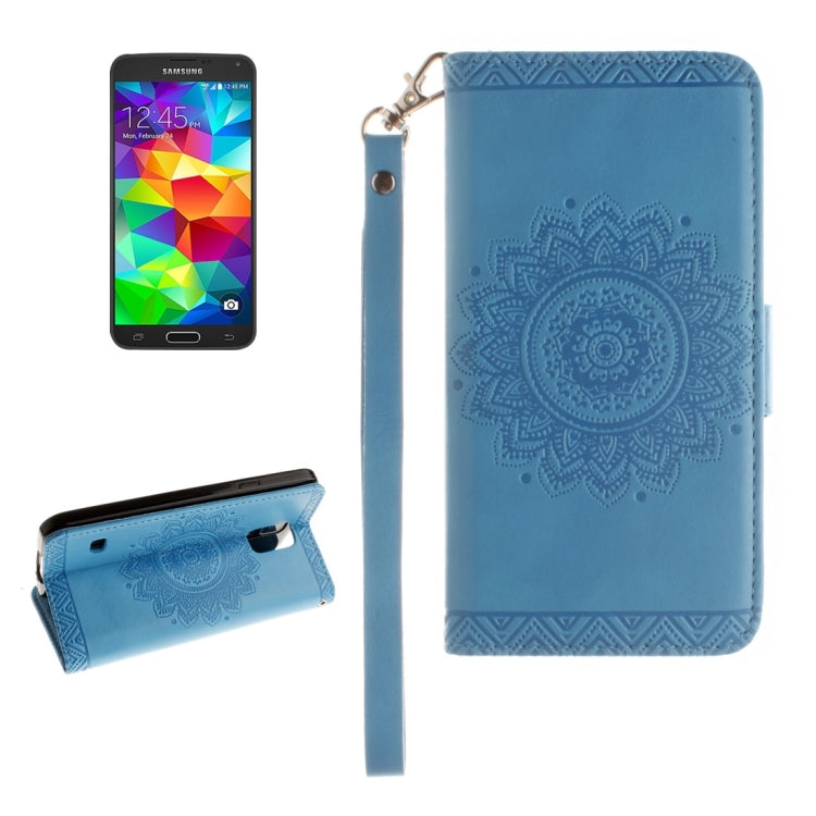 For Galaxy S5 / G900 Embossed Floral Pattern Horizontal Flip Leather Case with Card Slots & Holder & Lanyard