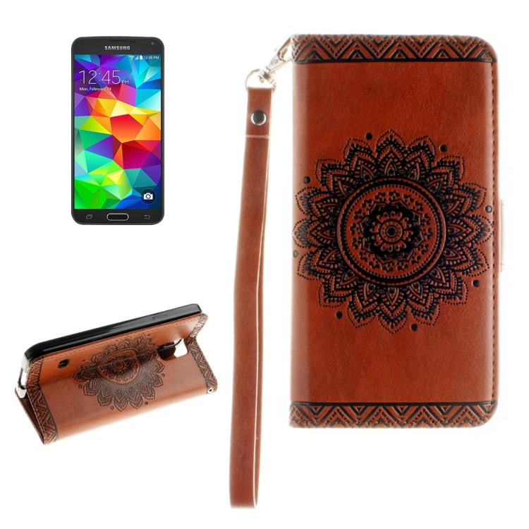 For Galaxy S5 / G900 Embossed Floral Pattern Horizontal Flip Leather Case with Card Slots & Holder & Lanyard