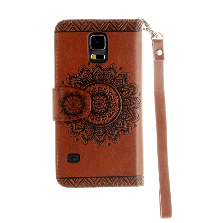 For Galaxy S5 / G900 Embossed Floral Pattern Horizontal Flip Leather Case with Card Slots & Holder & Lanyard