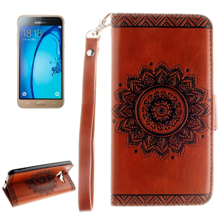 For Galaxy J3 (2016) / J310 Embossed Floral Pattern Horizontal Flip Leather Case with Card Slots & Holder & Lanyard
