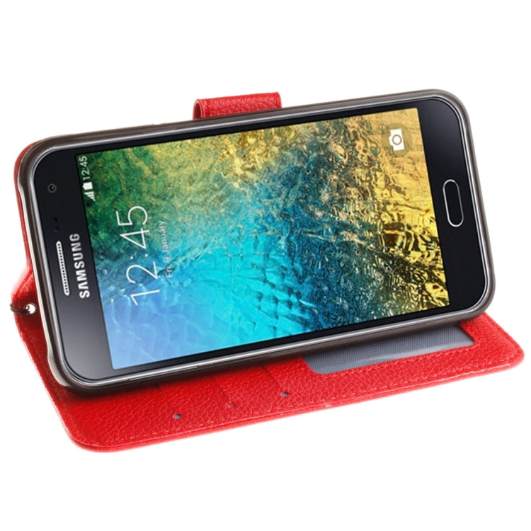 For Galaxy E5 Litchi Texture Horizontal Flip PU Leather Case with Holder & Card Slots & Wallet & Photo Frame & Lanyard