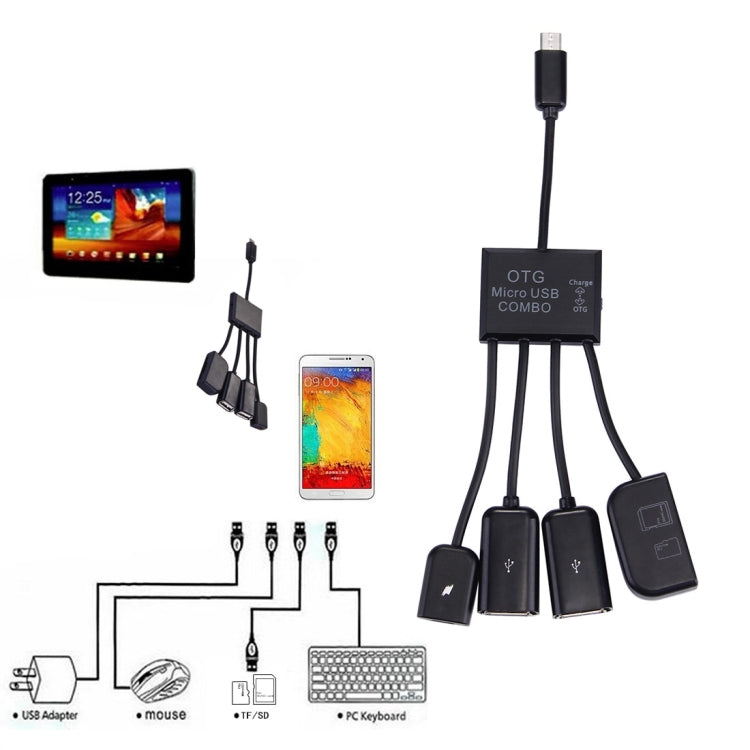 17cm Micro USB Male to Micro USB Female & Dual USB 2.0 Female & SD(HC)/TF Smart Card Reader OTG Charge HUB Cable for Galaxy S3/S4/S5/S6, Tab 3 8.0, Sony Xperia NX-02D/ Acro HD / S Series, Android Phone(Black)