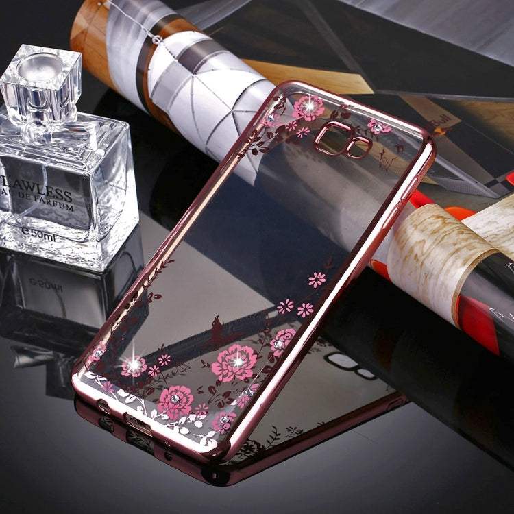 For Galaxy J7 Prime Flowers Pattern Diamond Encrusted Electroplating Soft TPU Protective Cover Case