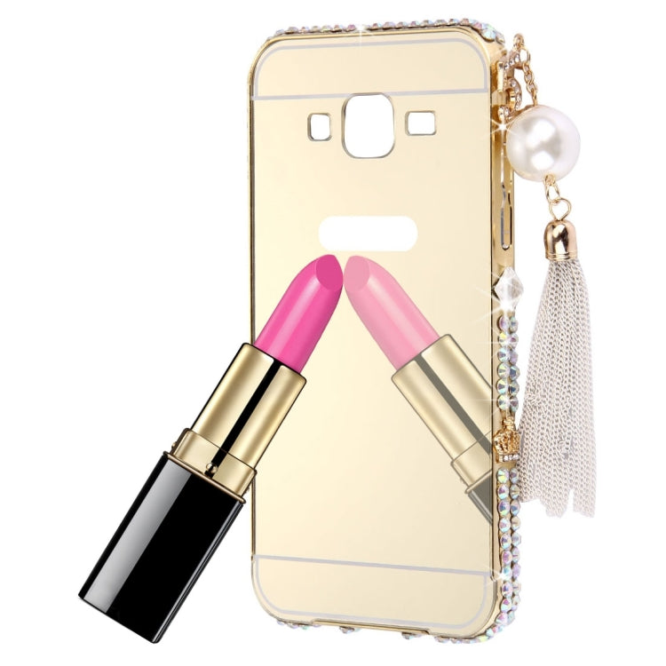 For Galaxy J7 / J700 Pearl Chain Pendant Diamond Encrusted Electroplating Mirror PC Protective Cover Case(Gold)