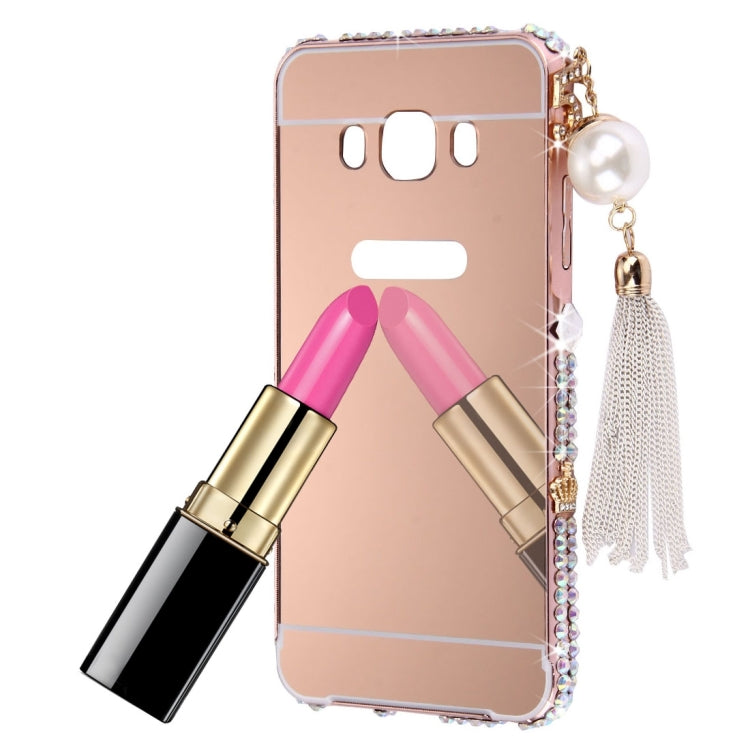 For Galaxy J5 (2016) / J510 Pearl Chain Pendant Diamond Encrusted Electroplating Mirror PC Protective Cover Case