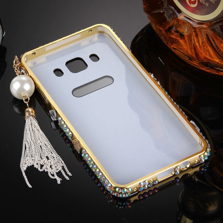For Galaxy J7 (2016) / J710 Pearl Chain Pendant Diamond Encrusted Electroplating Mirror PC Protective Cover Case