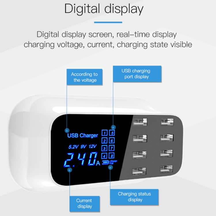 YC-CDA19A 8-port USB Multi-function 40W Intelligent Digital Display Fast Charging Dock, EU Plug