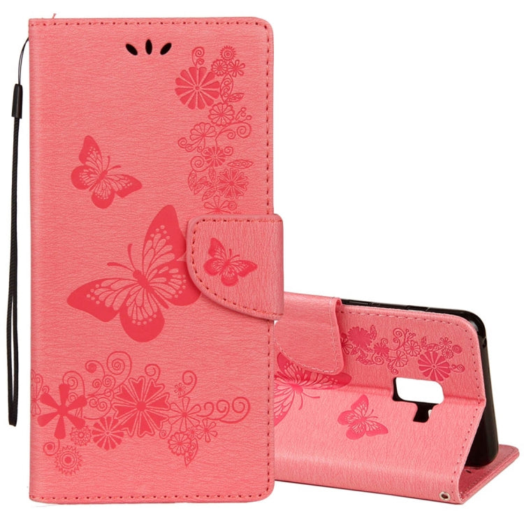 For Galaxy A8+ (2018) Vintage Embossed Floral Butterfly Pattern Horizontal Flip Leather Case with Card Slot & Holder & Wallet & Lanyard