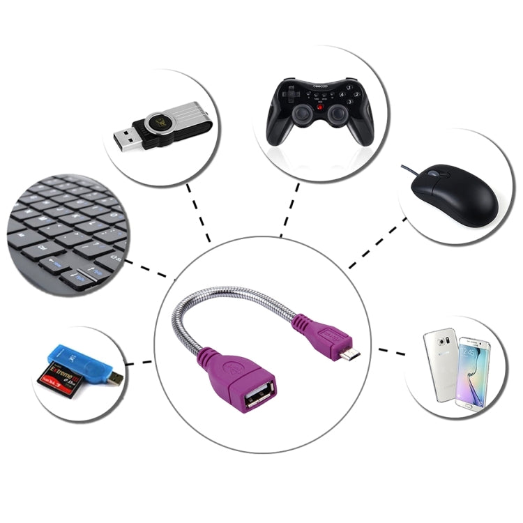 USB 2.0 Female to Micro USB Male Metal Soft Hose OTG Converter Adapter Cable for OTG device, Length: about 10cm(Purple)