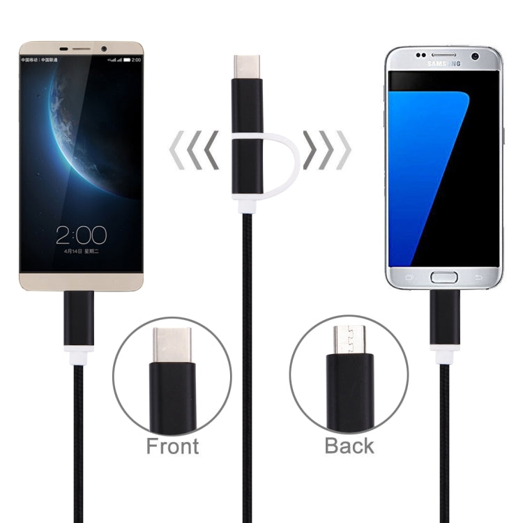 1m 2A Woven Style Metal Head 2 in 1 Type C & Micro USB to USB Data / Charger Cable,