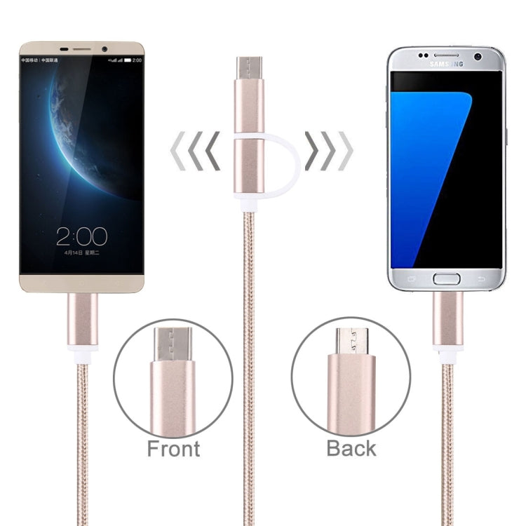 1m 2A Woven Style Metal Head 2 in 1 Type C & Micro USB to USB Data / Charger Cable,