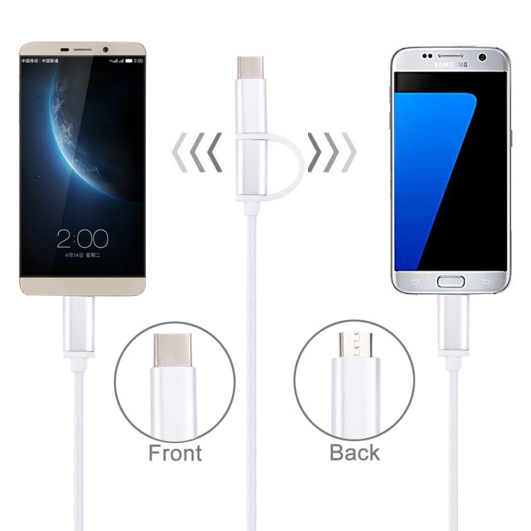 1m 2A Woven Style Metal Head 2 in 1 Type C & Micro USB to USB Data / Charger Cable,