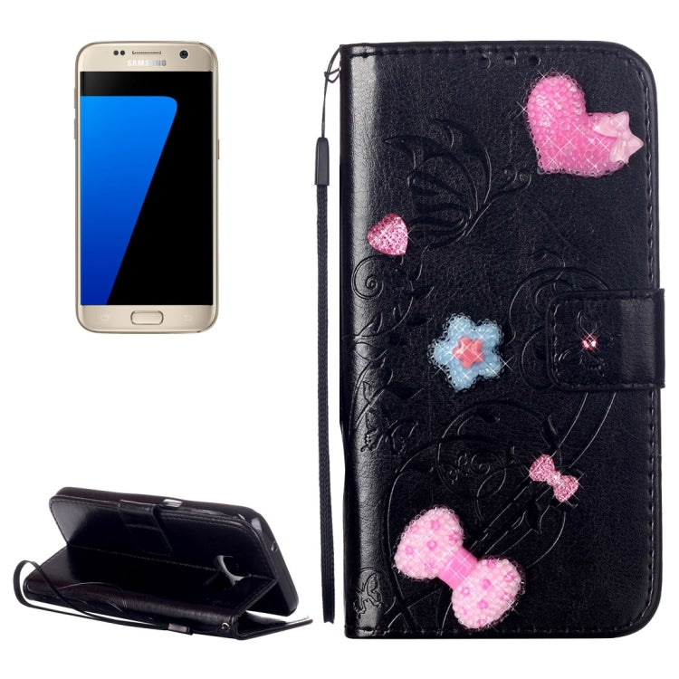 For Galaxy S7 / G930 Heart Diamond Encrusted Flowers Embossing Horizontal Flip Leather Case with Holder & Card Slots & Wallet & Lanyard