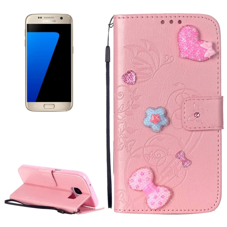 For Galaxy S7 / G930 Heart Diamond Encrusted Flowers Embossing Horizontal Flip Leather Case with Holder & Card Slots & Wallet & Lanyard