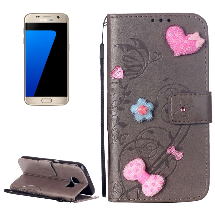 For Galaxy S7 / G930 Heart Diamond Encrusted Flowers Embossing Horizontal Flip Leather Case with Holder & Card Slots & Wallet & Lanyard