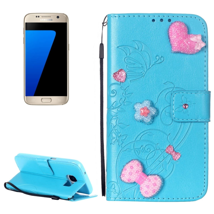 For Galaxy S7 / G930 Heart Diamond Encrusted Flowers Embossing Horizontal Flip Leather Case with Holder & Card Slots & Wallet & Lanyard