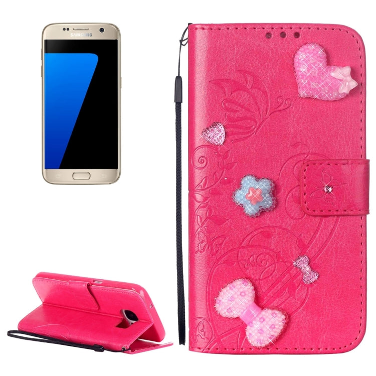 For Galaxy S7 / G930 Heart Diamond Encrusted Flowers Embossing Horizontal Flip Leather Case with Holder & Card Slots & Wallet & Lanyard