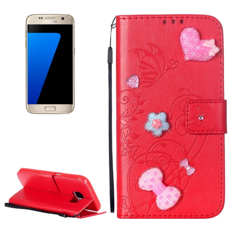 For Galaxy S7 / G930 Heart Diamond Encrusted Flowers Embossing Horizontal Flip Leather Case with Holder & Card Slots & Wallet & Lanyard