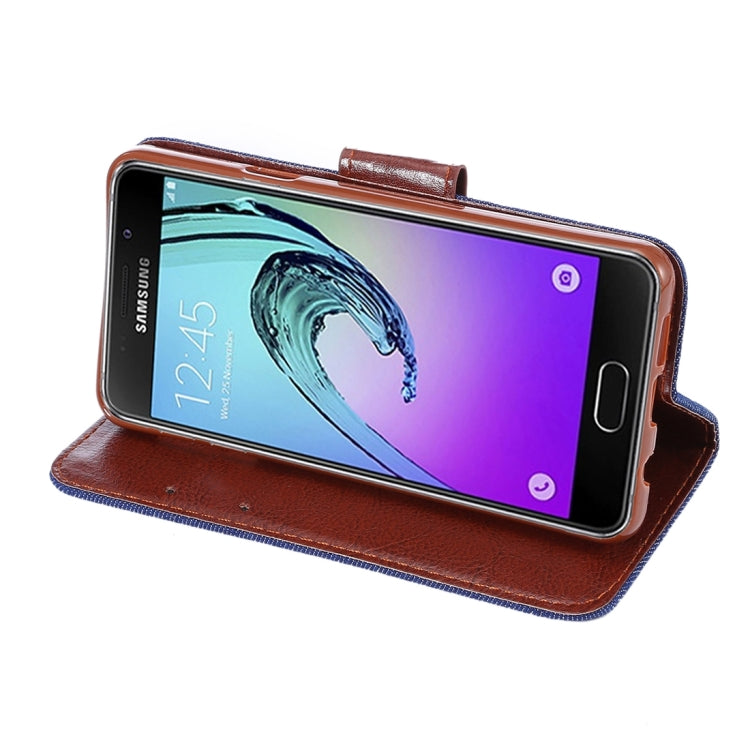 For Galaxy A3 (2016) / A3100 Denim Texture Leather Case with Magnetic Buckle & Card Slot & Holder