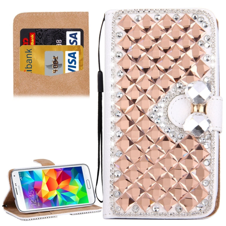For Galaxy S5 / G900 Diamond Encrusted Bowknot Pattern Horizontal Flip Leather Case with Magnetic Buckle & Card Slots & Holder & Lanyard