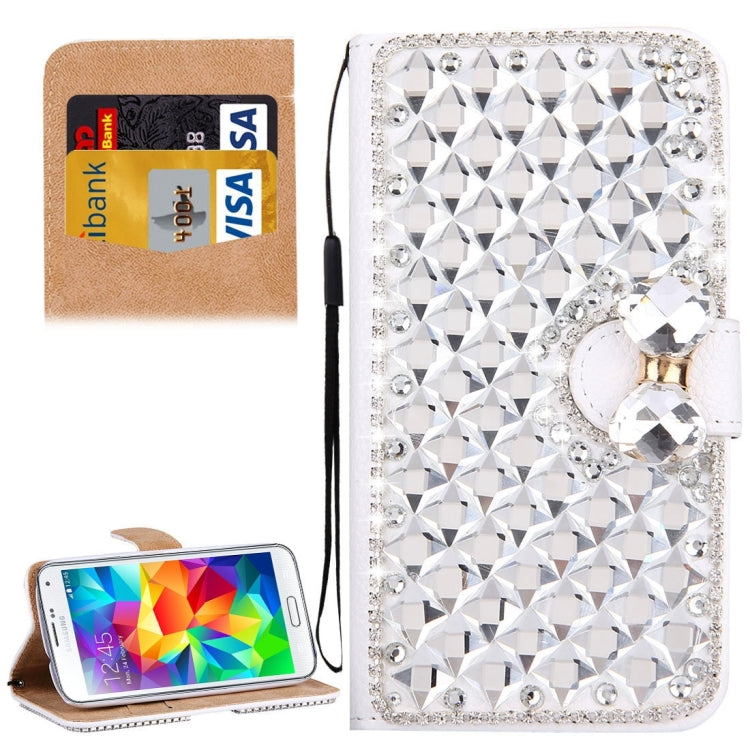 For Galaxy S5 / G900 Diamond Encrusted Bowknot Pattern Horizontal Flip Leather Case with Magnetic Buckle & Card Slots & Holder & Lanyard