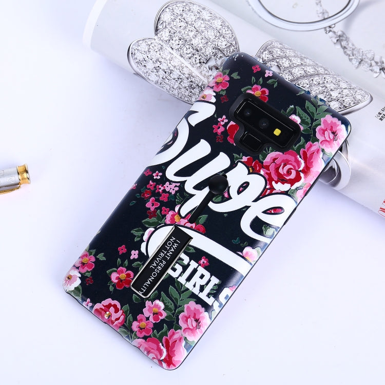 Flowers Pattern Embossed Painted TPU + PC Case with Holder for Galaxy Note9
