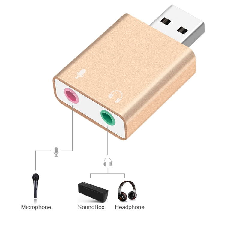 Aluminum Shell 3.5mm Jack External USB Sound Card HIFI Magic Voice 7.1 Channel Adapter Free Drive for Computer, Desktop, Speakers, Headset, Microphone(Gold)