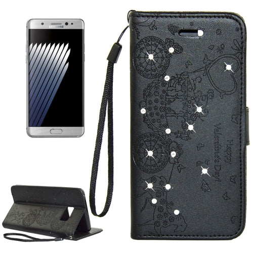 For Galaxy Note 7 / N930 Pressed Flower Butterfly Carriage Pattern Diamond Encrusted Horizontal Flip Leather Case with Holder & Card Slots & Wallet & Photo Frame & Lanyard